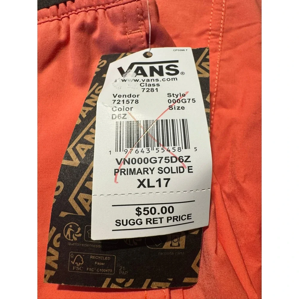 Vans Mens Primary Solid Elastic Boardshorts Coral Orange Relaxed Fit Size XL NWT